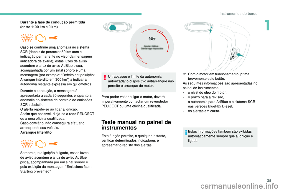 PEUGEOT 3008 2018 Manual de utilização (in Portuguese) 35
Durante a fase de condução permitida
(entre 1100 km e 0 km)
Durante a condução, a mensagem é
apresentada a cada 30 segundos enquanto a
anomalia no sistema de controlo de emissões
SCR s PEUGEOT 3008 2018 Manual de utilização (in Portuguese) 35
Durante a fase de condução permitida
(entre 1100 km e 0 km)
Durante a condução, a mensagem é
apresentada a cada 30 segundos enquanto a
anomalia no sistema de controlo de emissões
SCR s