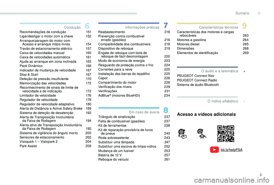 PEUGEOT 3008 2018 Manual de utilização (in Portuguese) 3
bit.ly/helpPSA
.
.
Recomendações de condução 151
Ligar/desligar o motor com a chave 1 52
Arranque/paragem do motor com Acesso e arranque mãos-livres
1
54
Travão de estacionamento elétri PEUGEOT 3008 2018 Manual de utilização (in Portuguese) 3
bit.ly/helpPSA
.
.
Recomendações de condução 151
Ligar/desligar o motor com a chave 1 52
Arranque/paragem do motor com Acesso e arranque mãos-livres
1
54
Travão de estacionamento elétri