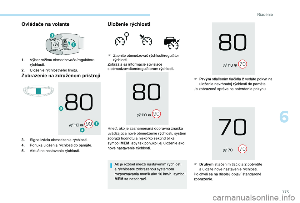 PEUGEOT 3008 2018  Návod na použitie (in Slovakian) 175
Ovládače na volante
Zobrazenie na združenom prístroji
1.Výber režimu obmedzovača/regulátora 
rýchlosti.
2. Uloženie rýchlostného limitu.
3. Signalizácia obmedzenia rýchlosti.
4. Ponu