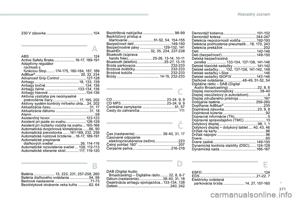 PEUGEOT 3008 2018 Návod na použitie (in Slovakian) 271
230 V zásuvka ..............................................10 4
A
ABS ...............................................................124
Active Safety Brake .....................16 -17, 18 9 -19 PEUGEOT 3008 2018 Návod na použitie (in Slovakian) 271
230 V zásuvka ..............................................10 4
A
ABS ...............................................................124
Active Safety Brake .....................16 -17, 18 9 -19