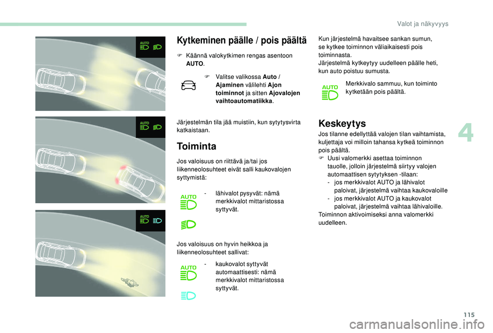 PEUGEOT 3008 2018 Omistajan Käsikirja (in Finnish) 115
Kytkeminen päälle / pois päältä
F Käännä valokytkimen rengas asentoon AUTO .
Järjestelmän tila jää muistiin, kun sytytysvirta
katkaistaan. F
V
alitse valikossa Auto /
Ajaminen và PEUGEOT 3008 2018 Omistajan Käsikirja (in Finnish) 115
Kytkeminen päälle / pois päältä
F Käännä valokytkimen rengas asentoon AUTO .
Järjestelmän tila jää muistiin, kun sytytysvirta
katkaistaan. F
V
alitse valikossa Auto /
Ajaminen vÃ