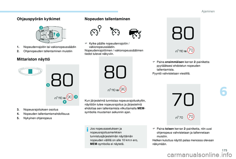 PEUGEOT 3008 2018 Omistajan Käsikirja (in Finnish) 175
Ohjauspyörän kytkimet
Mittariston näyttö
1. Nopeudenrajoitin tai vakionopeussäädin
2. Ohjenopeuden tallentaminen muistiin
3. Nopeusrajoituksen osoitus
4. Nopeuden tallentamismahdollisuus
5. PEUGEOT 3008 2018 Omistajan Käsikirja (in Finnish) 175
Ohjauspyörän kytkimet
Mittariston näyttö
1. Nopeudenrajoitin tai vakionopeussäädin
2. Ohjenopeuden tallentaminen muistiin
3. Nopeusrajoituksen osoitus
4. Nopeuden tallentamismahdollisuus
5.