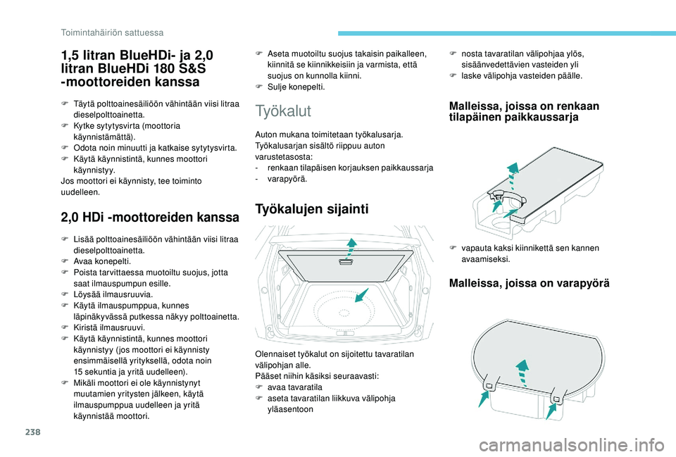 PEUGEOT 3008 2018  Omistajan Käsikirja (in Finnish) 238
1,5 litran BlueHDi- ja 2,0 
litran BlueHDi 180 S&S 
-moottoreiden kanssa
F Täytä polttoainesäiliöön vähintään viisi litraa dieselpolttoainetta.
F
 
K
 ytke sytytysvirta (moottoria 
käynni