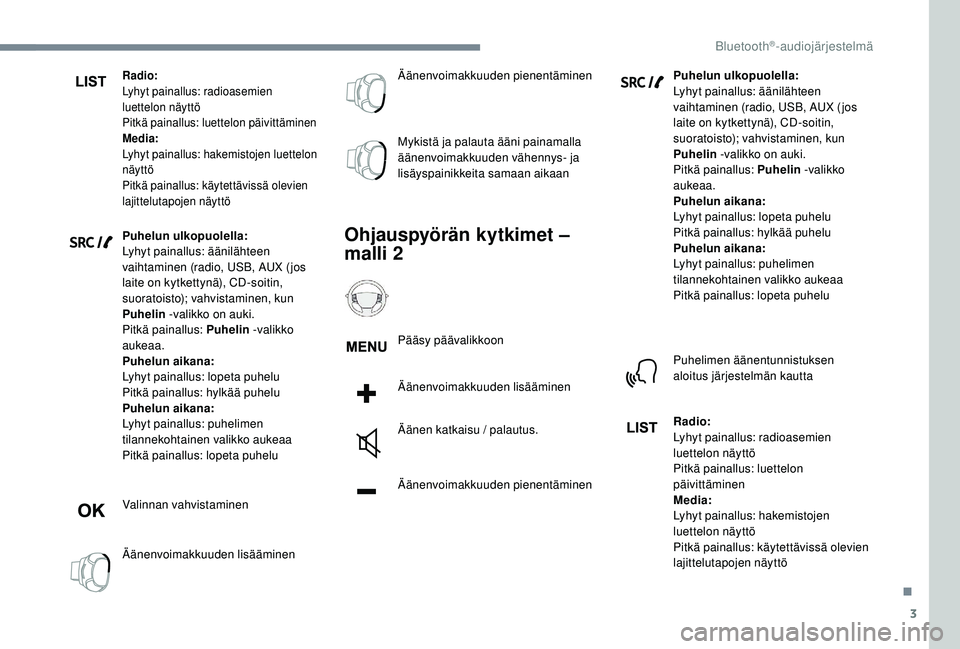 PEUGEOT 3008 2018  Omistajan Käsikirja (in Finnish) 3
Radio:
Lyhyt painallus: radioasemien 
luettelon näyttö
Pitkä painallus: luettelon päivittäminen
Media:
Lyhyt painallus: hakemistojen luettelon 
näyttö
Pitkä painallus: käytettävissä olevi