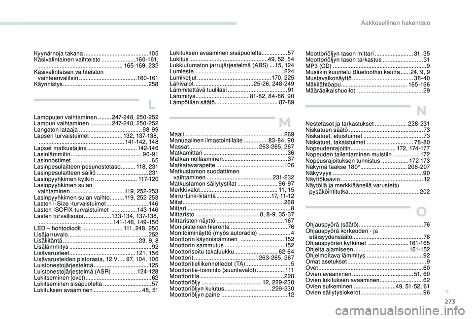 PEUGEOT 3008 2018 Omistajan Käsikirja (in Finnish) 273
Moottoriöljyn tason mittari ........................31, 3 5
Moottoriöljyn tason tarkastus ......................... 31
M
P3 (CD)
..............................
............................9
Mu PEUGEOT 3008 2018 Omistajan Käsikirja (in Finnish) 273
Moottoriöljyn tason mittari ........................31, 3 5
Moottoriöljyn tason tarkastus ......................... 31
M
P3 (CD)
..............................
............................9
Mu