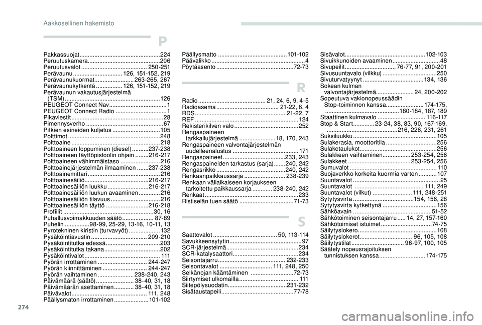 PEUGEOT 3008 2018 Omistajan Käsikirja (in Finnish) 274
P
Pakkassuojat .................................................2 24
Peruutuskamera ............................................ 206
Peruutusvalot
........................................ 250-2 PEUGEOT 3008 2018 Omistajan Käsikirja (in Finnish) 274
P
Pakkassuojat .................................................2 24
Peruutuskamera ............................................ 206
Peruutusvalot
........................................ 250-2