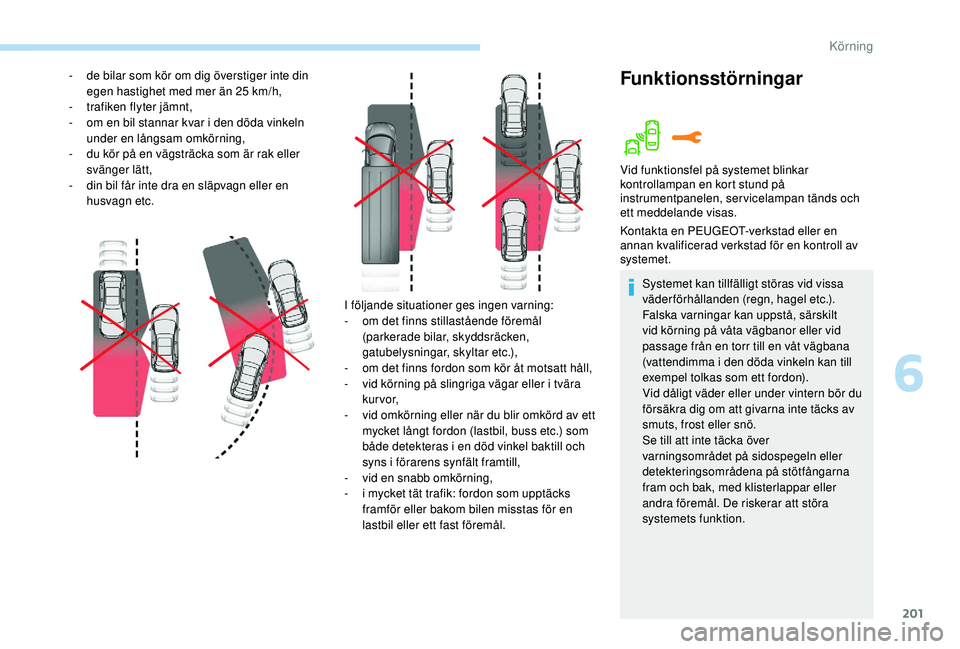 PEUGEOT 3008 2018  Bruksanvisningar (in Swedish) 201
I följande situationer ges ingen varning:
- o m det finns stillastående föremål 
(parkerade bilar, skyddsräcken, 
gatubelysningar, skyltar etc.),
-
 
o
 m det finns fordon som kör åt motsat