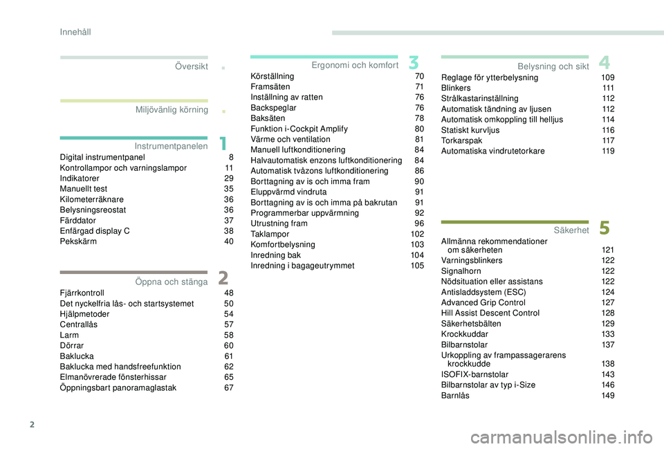 PEUGEOT 3008 2018 Bruksanvisningar (in Swedish) 2
.
.
Digital instrumentpanel 8
K ontrollampor och varningslampor 1 1
Indikatorer
29
Manuellt test
3
5
Kilometerräknare
36
Belysningsreostat
36
Färddator
37
Enfärgad display C
3
8 PEUGEOT 3008 2018 Bruksanvisningar (in Swedish) 2
.
.
Digital instrumentpanel 8
K ontrollampor och varningslampor 1 1
Indikatorer
29
Manuellt test
3
5
Kilometerräknare
36
Belysningsreostat
36
Färddator
37
Enfärgad display C
3
8