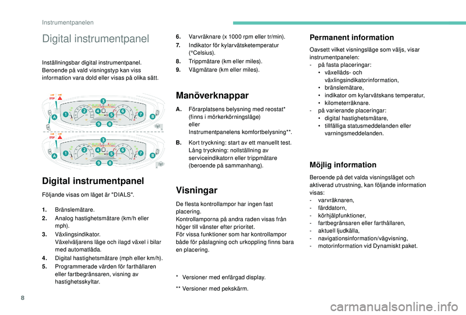 PEUGEOT 3008 2018 Bruksanvisningar (in Swedish) 8
Digital instrumentpanel
Inställningsbar digital instrumentpanel.
Beroende på vald visningstyp kan viss
information vara dold eller visas på olika sätt.
Digital instrumentpanel
Följande visas o PEUGEOT 3008 2018 Bruksanvisningar (in Swedish) 8
Digital instrumentpanel
Inställningsbar digital instrumentpanel.
Beroende på vald visningstyp kan viss
information vara dold eller visas på olika sätt.
Digital instrumentpanel
Följande visas o