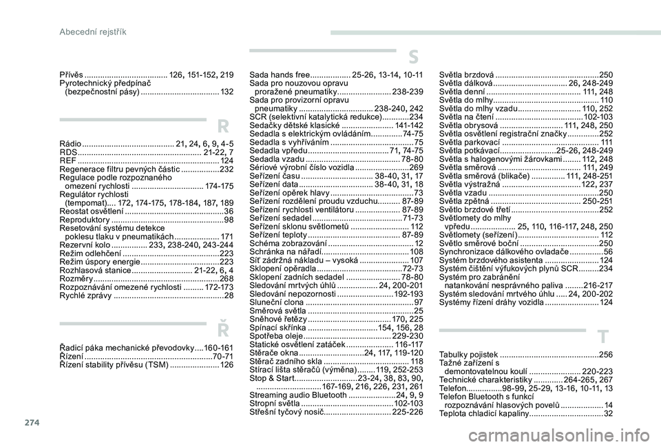 PEUGEOT 3008 2018 Návod na použití (in Czech) 274
Přívěs .....................................126, 151-152 , 219
Pyrotechnický předpínač (bezpečnostní pásy)
...................................13
2
R
Rádio .......................... PEUGEOT 3008 2018 Návod na použití (in Czech) 274
Přívěs .....................................126, 151-152 , 219
Pyrotechnický předpínač (bezpečnostní pásy)
...................................13
2
R
Rádio ..........................