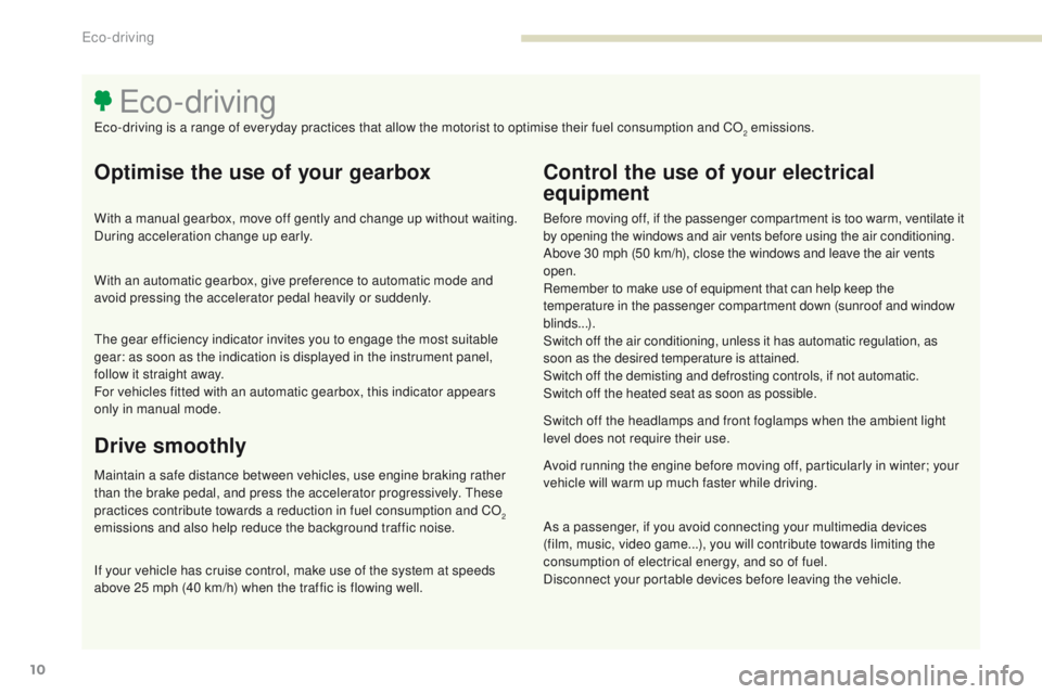 PEUGEOT 3008 2017  Owners Manual 3008-2_en_Chap00c_eco-conduite_ed01-2016
10
Optimise the use of your gearbox
With a manual gearbox, move off gently and change up without waiting. 
During acceleration change up early.
With an automat