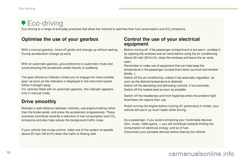 PEUGEOT 3008 2017 Owners Manual 3008-2_en_Chap00c_eco-conduite_ed01-2016
10
Optimise the use of your gearbox
With a manual gearbox, move off gently and change up without waiting.
During acceleration change up early.
With an automat PEUGEOT 3008 2017 Owners Manual 3008-2_en_Chap00c_eco-conduite_ed01-2016
10
Optimise the use of your gearbox
With a manual gearbox, move off gently and change up without waiting.
During acceleration change up early.
With an automat