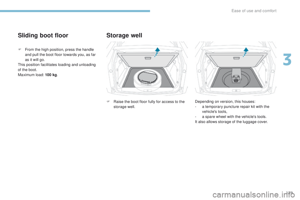 PEUGEOT 3008 2017 Owners Manual 139
3008-2_en_Chap03_ergonomie-et-confort_ed01-2016
Sliding boot floor
F From the high position, press the handle and pull the boot floor towards you, as far
as it will go.
This position facilitates PEUGEOT 3008 2017 Owners Manual 139
3008-2_en_Chap03_ergonomie-et-confort_ed01-2016
Sliding boot floor
F From the high position, press the handle and pull the boot floor towards you, as far
as it will go.
This position facilitates