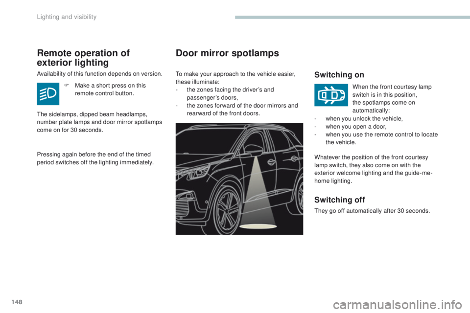 PEUGEOT 3008 2017 Owners Manual 148
3008-2_en_Chap04_eclairage-et-visibilite_ed01-2016
Door mirror spotlamps
Switching on
Whatever the position of the front courtesy
lamp switch, they also come on with the
exterior welcome lightin PEUGEOT 3008 2017 Owners Manual 148
3008-2_en_Chap04_eclairage-et-visibilite_ed01-2016
Door mirror spotlamps
Switching on
Whatever the position of the front courtesy
lamp switch, they also come on with the
exterior welcome lightin