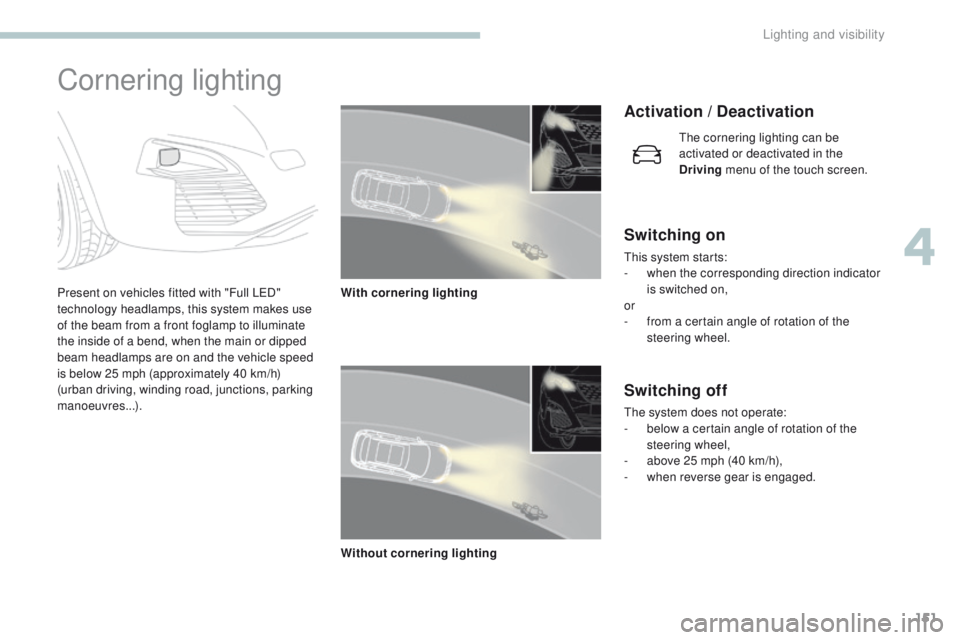 PEUGEOT 3008 2017  Owners Manual 151
3008-2_en_Chap04_eclairage-et-visibilite_ed01-2016
Cornering lighting
Present on vehicles fitted with "Full LED" 
technology headlamps, this system makes use 
of the beam from a front fogl