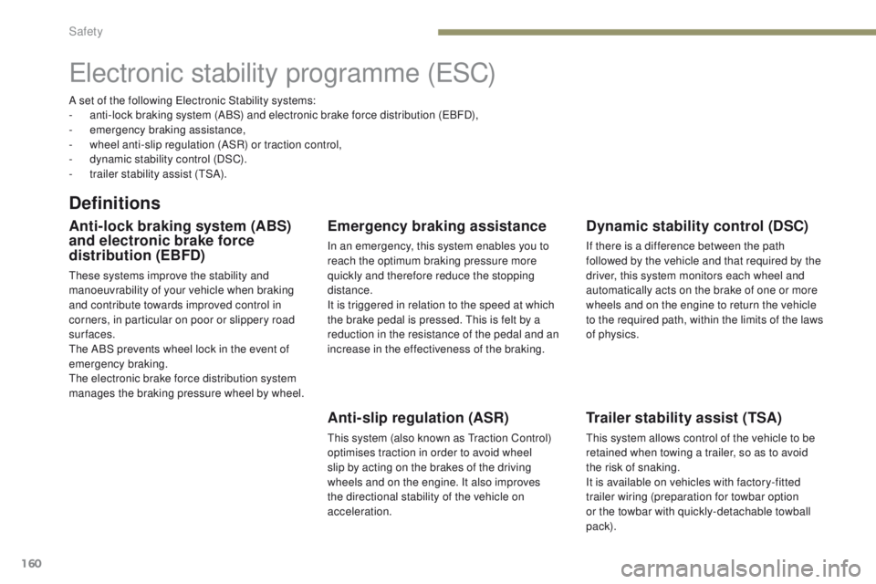PEUGEOT 3008 2017  Owners Manual 160
3008-2_en_Chap05_securite_ed01-2016
Electronic stability programme (ESC)
Definitions
Anti-lock braking system (ABS) 
and electronic brake force 
distribution (EBFD)
These systems improve the stabi