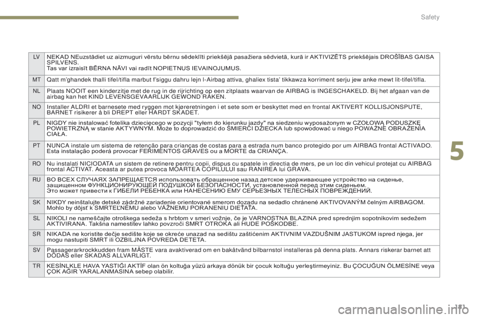 PEUGEOT 3008 2017 Owners Manual LVNEK AD NEuzstādiet uz aizmuguri vērstu bērnu sēdeklīti priekšējā pasažiera sēdvietā, kurā ir AKTIVIZĒTS priekšējais DROŠĪBAS GAISA
S P I LV E N S .
Tas var izraisīt BĒRNA NĀVI v PEUGEOT 3008 2017 Owners Manual LVNEK AD NEuzstādiet uz aizmuguri vērstu bērnu sēdeklīti priekšējā pasažiera sēdvietā, kurā ir AKTIVIZĒTS priekšējais DROŠĪBAS GAISA
S P I LV E N S .
Tas var izraisīt BĒRNA NĀVI v