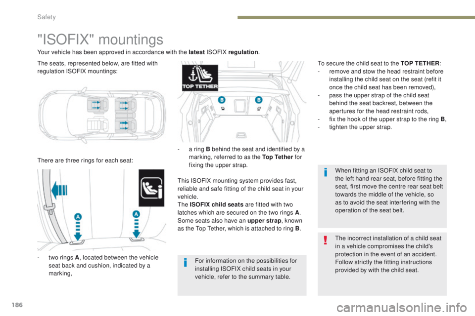 PEUGEOT 3008 2017 Owners Manual 186
3008-2_en_Chap05_securite_ed01-2016
"ISOFIX" mountings
There are three rings for each seat:
-
t
wo rings A , located between the vehicle
seat back and cushion, indicated by a
marking, PEUGEOT 3008 2017 Owners Manual 186
3008-2_en_Chap05_securite_ed01-2016
"ISOFIX" mountings
There are three rings for each seat:
-
t
wo rings A , located between the vehicle
seat back and cushion, indicated by a
marking,