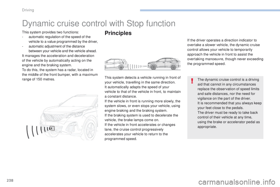 PEUGEOT 3008 2017 Owners Manual 238
3008-2_en_Chap06_conduite_ed01-2016
Dynamic cruise control with Stop function
The dynamic cruise control is a driving
aid that cannot in any circumstances
replace the observation of speed limits PEUGEOT 3008 2017 Owners Manual 238
3008-2_en_Chap06_conduite_ed01-2016
Dynamic cruise control with Stop function
The dynamic cruise control is a driving
aid that cannot in any circumstances
replace the observation of speed limits