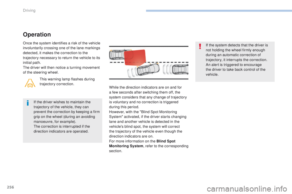 PEUGEOT 3008 2017  Owners Manual 256
3008-2_en_Chap06_conduite_ed01-2016
While the direction indicators are on and for 
a few seconds after switching them off, the 
system considers that any change of trajectory 
is voluntary and no 