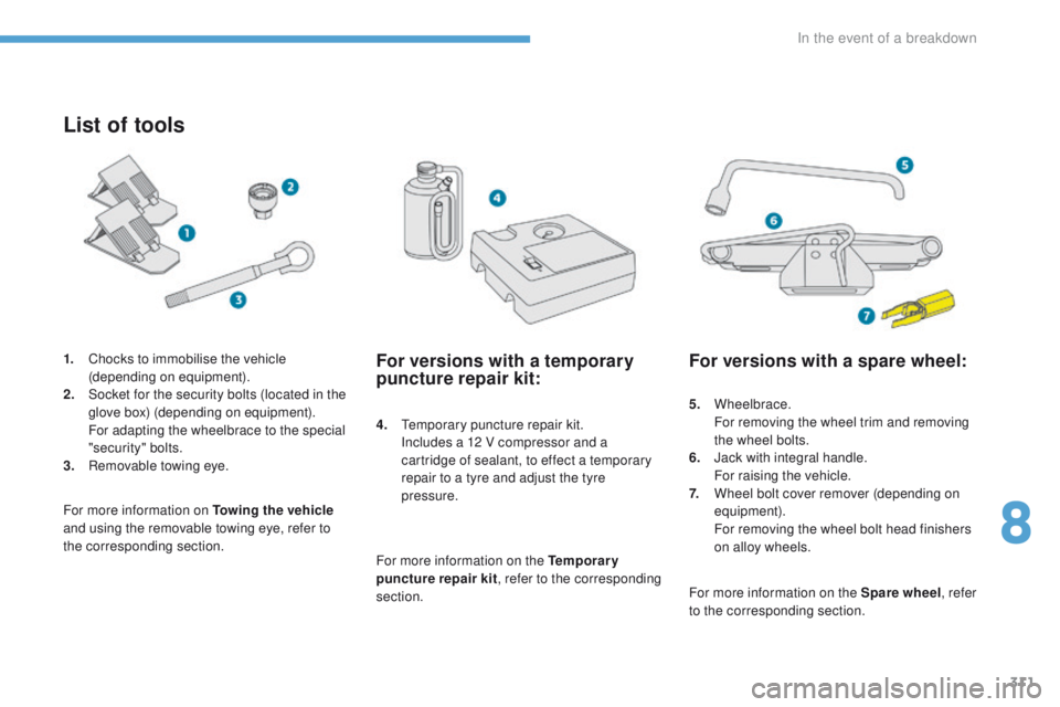 PEUGEOT 3008 2017  Owners Manual 311
3008-2_en_Chap08_en cas-de-panne_ed01-2016
List of tools
4. Temporary puncture repair kit. Includes a 12 V compressor and a 
cartridge of sealant, to effect a temporary 
repair to a tyre and adjus
