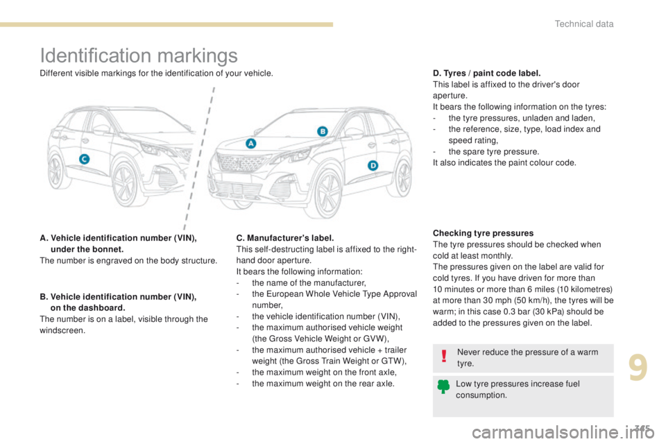 PEUGEOT 3008 2017 Owners Manual 345
3008-2_en_Chap09_caracteristiques_ed01-2016
Identification markings
A. Vehicle identification number (VIN), under the bonnet.
The number is engraved on the body structure. D. Tyres / paint code l PEUGEOT 3008 2017 Owners Manual 345
3008-2_en_Chap09_caracteristiques_ed01-2016
Identification markings
A. Vehicle identification number (VIN), under the bonnet.
The number is engraved on the body structure. D. Tyres / paint code l