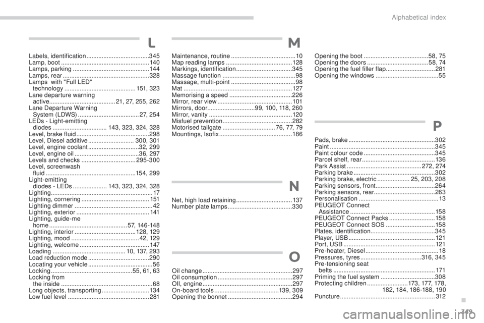 PEUGEOT 3008 2017  Owners Manual 349
3008-2_en_Chap11_index-alpha_ed01-2016
Labels, identification .....................................3 45
Lamp, boot  .................................................... 140
Lamps, parking
 .......