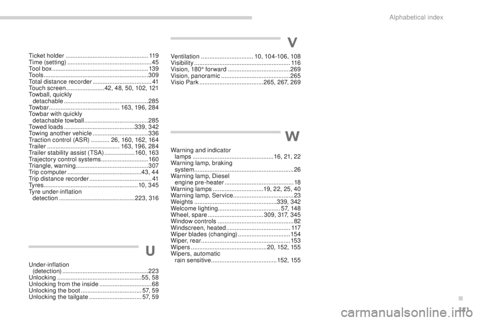 PEUGEOT 3008 2017  Owners Manual 351
3008-2_en_Chap11_index-alpha_ed01-2016
U
Under-inflation  (detection)  ................................................... 223
Unlocking
 ..............................

....................55, 58
