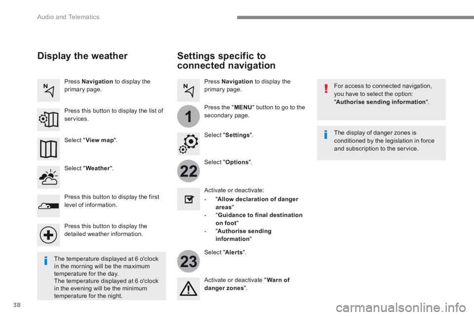 PEUGEOT 3008 2017 Owners Manual 38
22
23
1
Audio and Telematics
Transversal-Peugeot_en_Chap01_NAC-2-2-0_ed01-2016
Settings specific to
connected navigation
For access to connected navigation, you have to select the option: PEUGEOT 3008 2017 Owners Manual 38
22
23
1
Audio and Telematics
Transversal-Peugeot_en_Chap01_NAC-2-2-0_ed01-2016
Settings specific to
connected navigation
For access to connected navigation, you have to select the option: