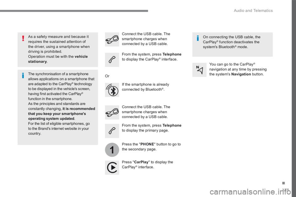 PEUGEOT 3008 2017  Owners Manual 133
.
1
 Audio and Telematics 
Transversal-Peugeot_en_Chap02_RCC-2-2-0_ed01-2016
  As a safety measure and because it requires the sustained attention of the driver, using a smartphone when driving is