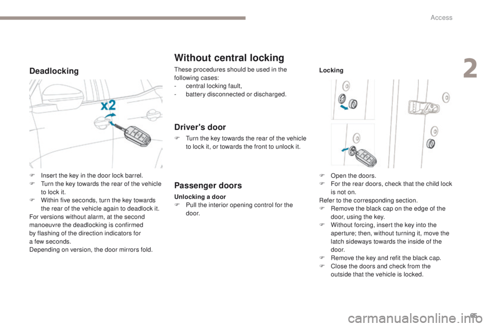 PEUGEOT 3008 2017 Repair Manual 65
3008-2_en_Chap02_ouvertures_ed01-2016
Deadlocking
Without central locking
These procedures should be used in the
following cases:
-
c
entral locking fault,
-
b
attery disconnected or discharge PEUGEOT 3008 2017 Repair Manual 65
3008-2_en_Chap02_ouvertures_ed01-2016
Deadlocking
Without central locking
These procedures should be used in the
following cases:
-
c
entral locking fault,
-
b
attery disconnected or discharge