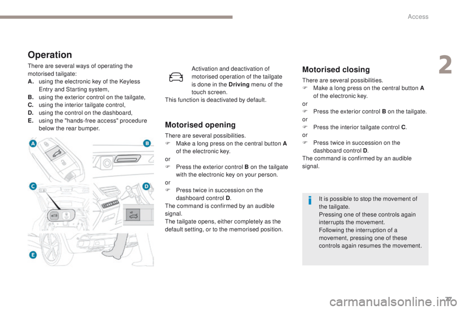 PEUGEOT 3008 2017 Manual PDF 77
3008-2_en_Chap02_ouvertures_ed01-2016
Operation
There are several ways of operating the
motorised tailgate:
A.
u
sing the electronic key of the Keyless
Entry and Starting system,
B.
u
sing the PEUGEOT 3008 2017 Manual PDF 77
3008-2_en_Chap02_ouvertures_ed01-2016
Operation
There are several ways of operating the
motorised tailgate:
A.
u
sing the electronic key of the Keyless
Entry and Starting system,
B.
u
sing the