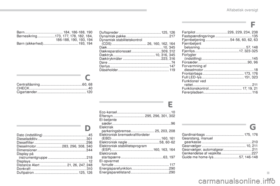PEUGEOT 3008 2017 Brugsanvisning (in Danish) 347
3008-2_da_Chap11_index-alpha_ed01-2016
Duftspreder ........................................... 125, 126
Dynamisk pakke ............................................ 217
Dynamisk stabilitetskontrol PEUGEOT 3008 2017 Brugsanvisning (in Danish) 347
3008-2_da_Chap11_index-alpha_ed01-2016
Duftspreder ........................................... 125, 126
Dynamisk pakke ............................................ 217
Dynamisk stabilitetskontrol
