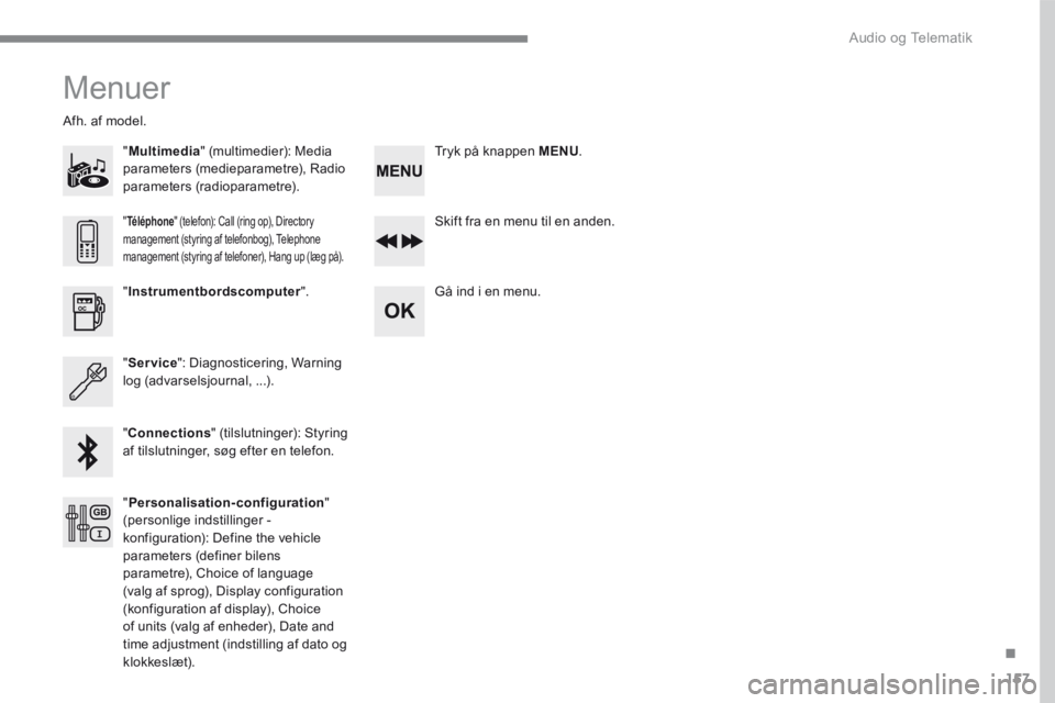 PEUGEOT 3008 2017 Brugsanvisning (in Danish) 157
.
Audio og Telematik
Transversal-Peugeot_da_Chap03_RD6_ed01-2016
Menuer
" Multimedia " (multimedier): Media parameters (medieparametre), Radio parameters (radioparametre).
Afh. PEUGEOT 3008 2017 Brugsanvisning (in Danish) 157
.
Audio og Telematik
Transversal-Peugeot_da_Chap03_RD6_ed01-2016
Menuer
" Multimedia " (multimedier): Media parameters (medieparametre), Radio parameters (radioparametre).
Afh.