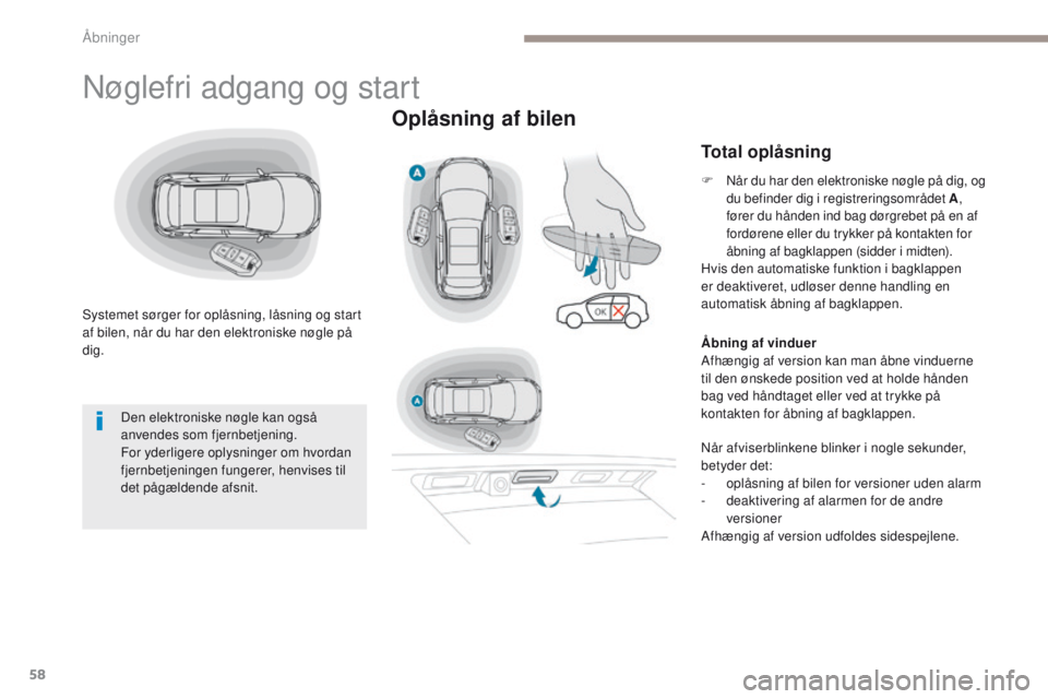 PEUGEOT 3008 2017  Brugsanvisning (in Danish) 58
3008-2_da_Chap02_ouvertures_ed01-2016
Nøglefri adgang og start
Systemet sørger for oplåsning, låsning og start 
af bilen, når du har den elektroniske nøgle på 
dig.
Oplåsning af bilen
Total