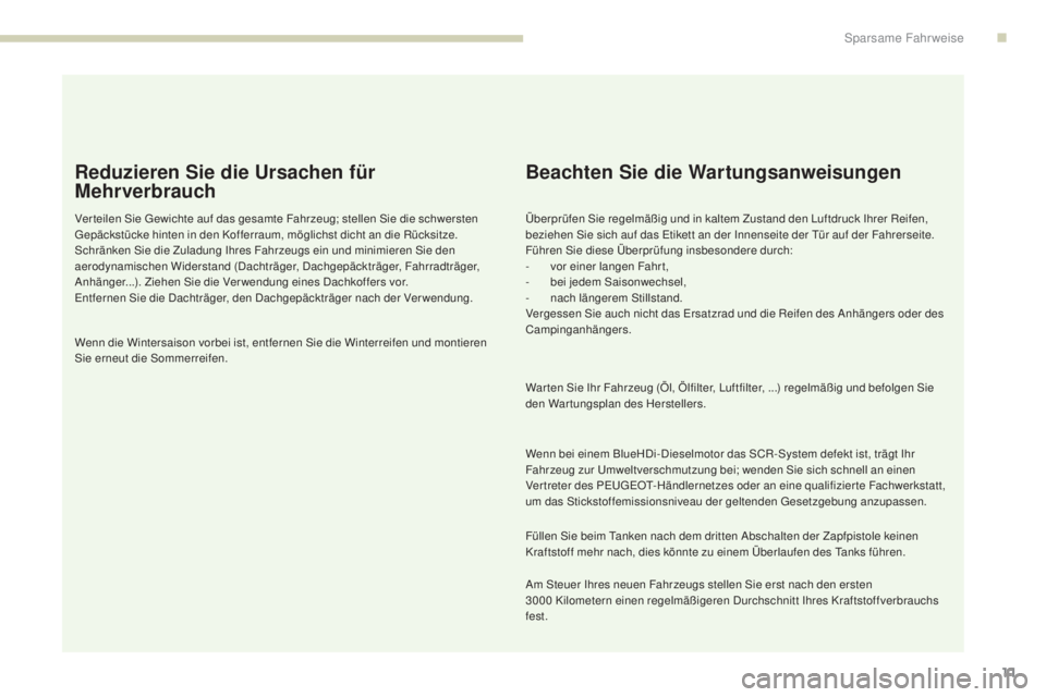 PEUGEOT 3008 2017  Betriebsanleitungen (in German) 3008-2_de_Chap00c_eco-conduite_ed01-2016
11
Reduzieren Sie die Ursachen für 
Mehrverbrauch
Ver teilen Sie Gewichte auf das gesamte Fahrzeug; stellen Sie die schwersten 
Gepäckstücke hinten in den K