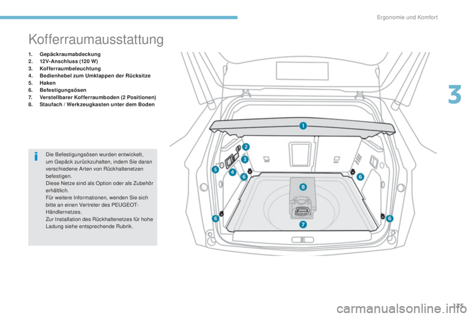 PEUGEOT 3008 2017  Betriebsanleitungen (in German) 135
3008-2_de_Chap03_ergonomie-et-confort_ed01-2016
Kofferraumausstattung
1. Gepäckraumabdeckung
2. 1 2V-Anschluss (120  W)
3.
 K

offerraumbeleuchtung
4.
 B

edienhebel zum Umklappen der Rücksitze
