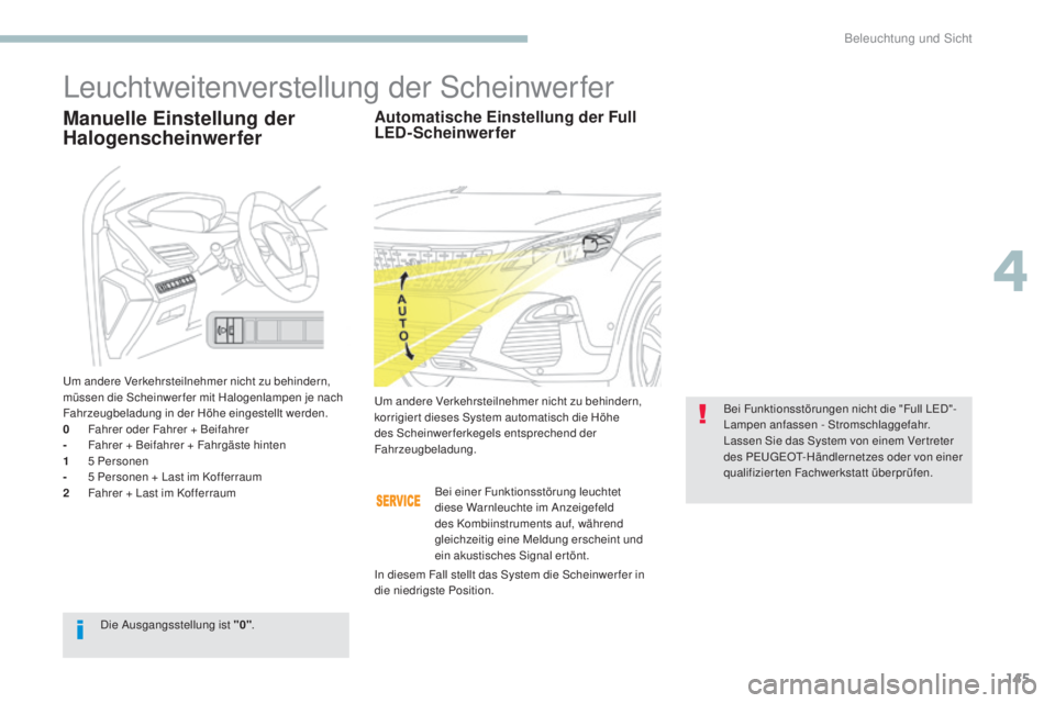 PEUGEOT 3008 2017 Betriebsanleitungen (in German) 145
3008-2_de_Chap04_eclairage-et-visibilite_ed01-2016
Leuchtweitenverstellung der Scheinwerfer
Automatische Einstellung der Full
LED-Scheinwerfer
Um andere Verkehrsteilnehmer nicht zu behindern,
ko PEUGEOT 3008 2017 Betriebsanleitungen (in German) 145
3008-2_de_Chap04_eclairage-et-visibilite_ed01-2016
Leuchtweitenverstellung der Scheinwerfer
Automatische Einstellung der Full
LED-Scheinwerfer
Um andere Verkehrsteilnehmer nicht zu behindern,
ko