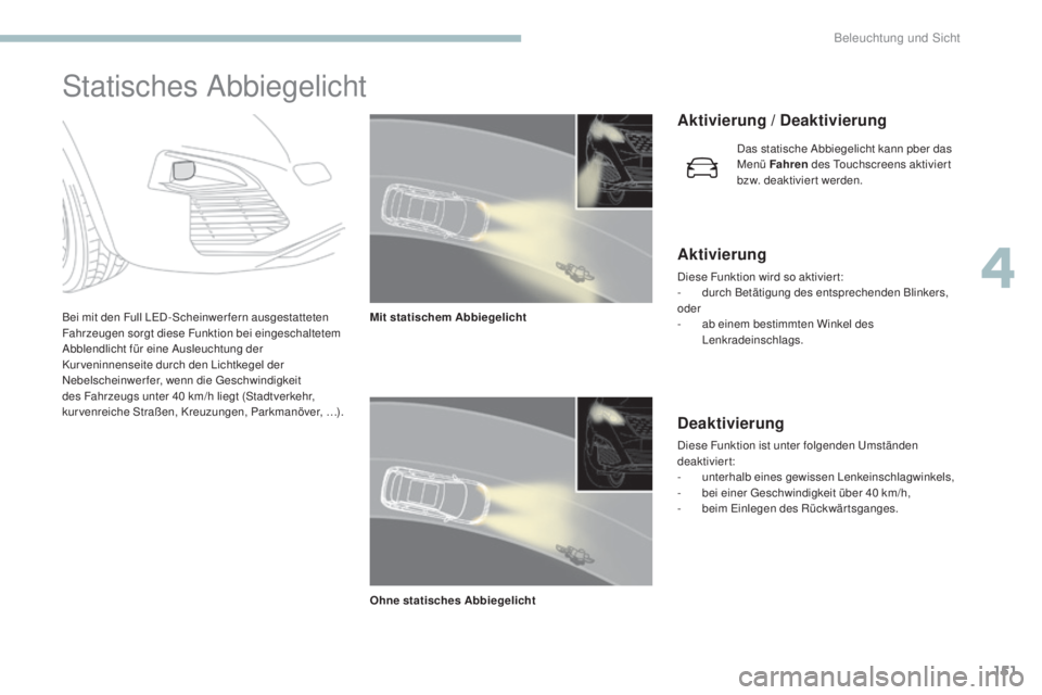 PEUGEOT 3008 2017 Betriebsanleitungen (in German) 151
3008-2_de_Chap04_eclairage-et-visibilite_ed01-2016
Statisches Abbiegelicht
Bei mit den Full LED -Scheinwer fern ausgestatteten
Fahrzeugen sorgt diese Funktion bei eingeschaltetem
Abblendlicht fà PEUGEOT 3008 2017 Betriebsanleitungen (in German) 151
3008-2_de_Chap04_eclairage-et-visibilite_ed01-2016
Statisches Abbiegelicht
Bei mit den Full LED -Scheinwer fern ausgestatteten
Fahrzeugen sorgt diese Funktion bei eingeschaltetem
Abblendlicht fÃ