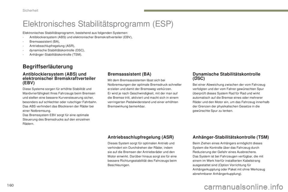 PEUGEOT 3008 2017  Betriebsanleitungen (in German) 160
3008-2_de_Chap05_securite_ed01-2016
Elektronisches Stabilitätsprogramm (ESP)
Begriffserläuterung
Antiblockiersystem (ABS) und 
elektronischer Bremskraftverteiler 
(EBV)
Diese Systeme sorgen für