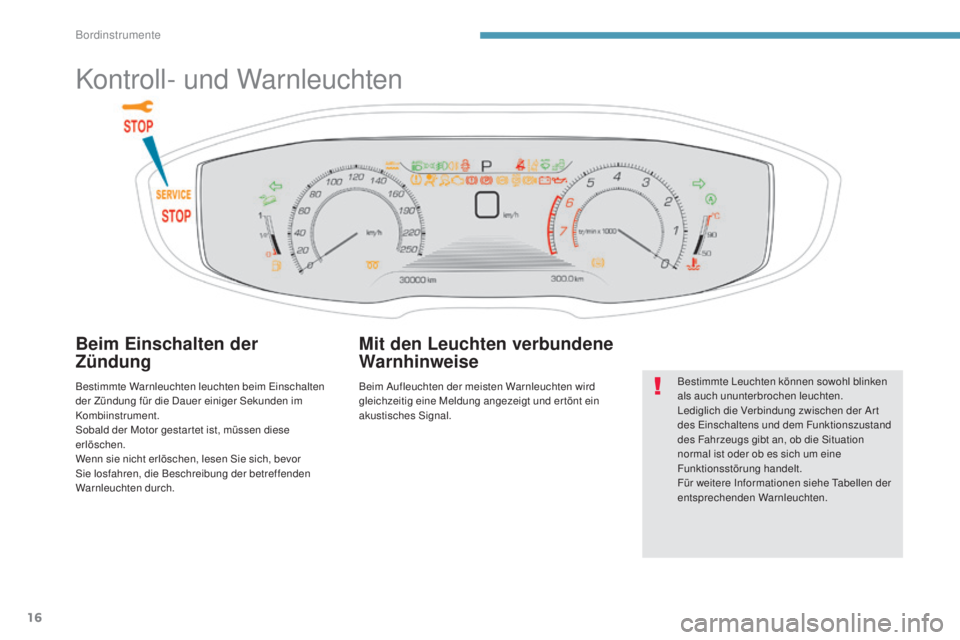 PEUGEOT 3008 2017  Betriebsanleitungen (in German) 16
3008-2_de_Chap01_instruments-de-bord_ed01-2016
Kontroll- und Warnleuchten
Beim Einschalten der 
Zündung
Bestimmte Warnleuchten leuchten beim Einschalten 
der Zündung für die Dauer einiger Sekund