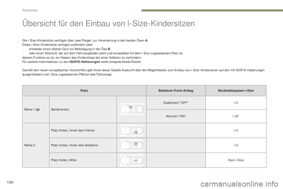 PEUGEOT 3008 2017 Betriebsanleitungen (in German) 190
3008-2_de_Chap05_securite_ed01-2016
Übersicht für den Einbau von i-Size-Kindersitzen
Die i-Size- Kindersitze ver fügen über zwei Riegel, zur Verankerung in den beiden Ösen A.
Diese i-Size-Kin PEUGEOT 3008 2017 Betriebsanleitungen (in German) 190
3008-2_de_Chap05_securite_ed01-2016
Übersicht für den Einbau von i-Size-Kindersitzen
Die i-Size- Kindersitze ver fügen über zwei Riegel, zur Verankerung in den beiden Ösen A.
Diese i-Size-Kin