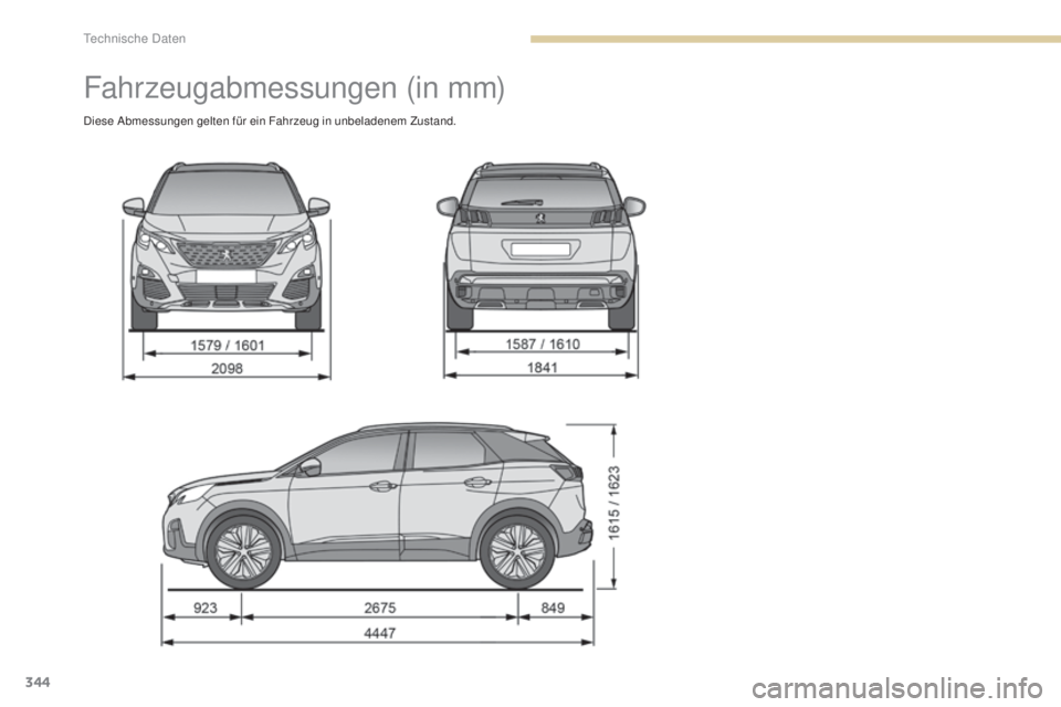PEUGEOT 3008 2017 Betriebsanleitungen (in German) 344
3008-2_de_Chap09_caracteristiques_ed01-2016
Fahrzeugabmessungen (in mm)
Diese Abmessungen gelten für ein Fahrzeug in unbeladenem Zustand.
Technische Daten PEUGEOT 3008 2017 Betriebsanleitungen (in German) 344
3008-2_de_Chap09_caracteristiques_ed01-2016
Fahrzeugabmessungen (in mm)
Diese Abmessungen gelten für ein Fahrzeug in unbeladenem Zustand.
Technische Daten
