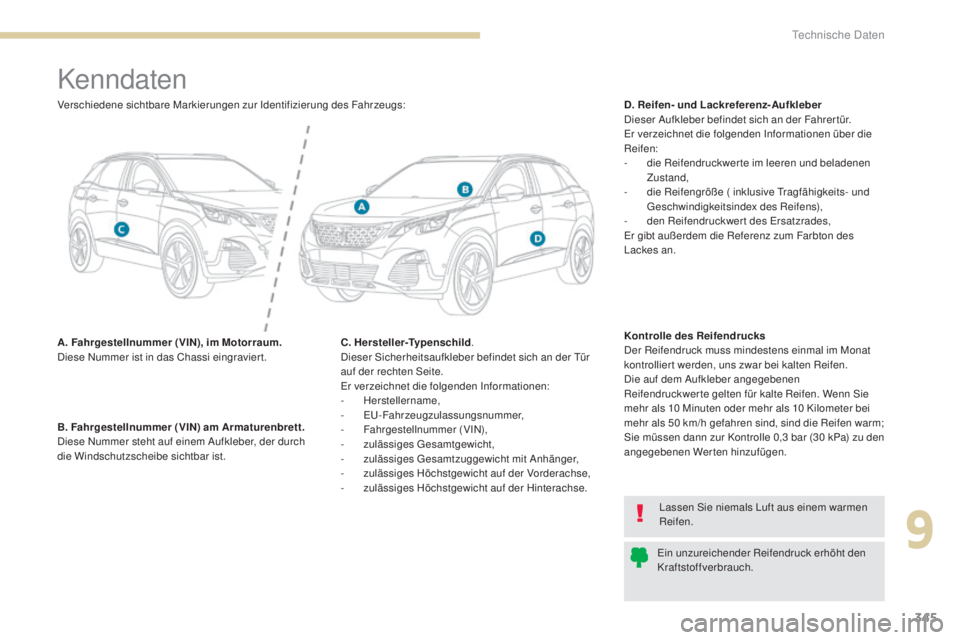 PEUGEOT 3008 2017 Betriebsanleitungen (in German) 345
3008-2_de_Chap09_caracteristiques_ed01-2016
Kenndaten
A. Fahrgestellnummer (VIN), im Motorraum.
Diese Nummer ist in das Chassi eingravier t.D. Reifen- und Lackreferenz-Aufkleber
Dieser Aufkleber b PEUGEOT 3008 2017 Betriebsanleitungen (in German) 345
3008-2_de_Chap09_caracteristiques_ed01-2016
Kenndaten
A. Fahrgestellnummer (VIN), im Motorraum.
Diese Nummer ist in das Chassi eingravier t.D. Reifen- und Lackreferenz-Aufkleber
Dieser Aufkleber b