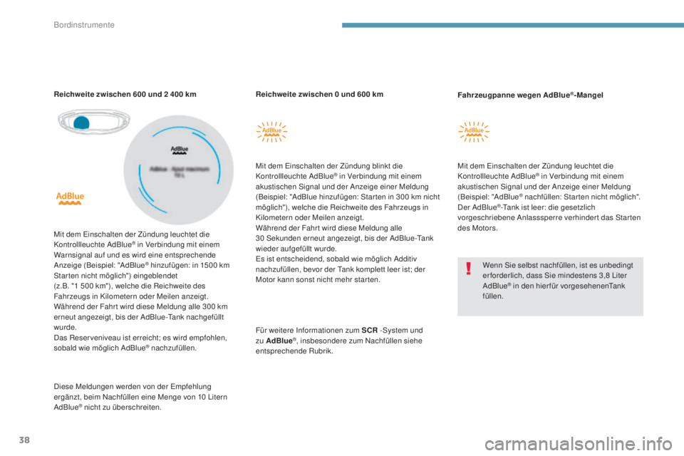 PEUGEOT 3008 2017  Betriebsanleitungen (in German) 38
3008-2_de_Chap01_instruments-de-bord_ed01-2016
Reichweite zwischen 0 und 600 km
M it dem Einschalten der Zündung blinkt die 
Kontrollleuchte AdBlue
® in Verbindung mit einem 
akustischen Signal u