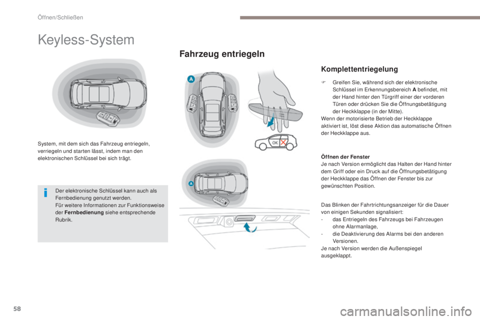 PEUGEOT 3008 2017  Betriebsanleitungen (in German) 58
3008-2_de_Chap02_ouvertures_ed01-2016
Keyless-System
System, mit dem sich das Fahrzeug entriegeln, 
verriegeln und star ten lässt, indem man den 
elektronischen Schlüssel bei sich trägt.
Fahrzeu