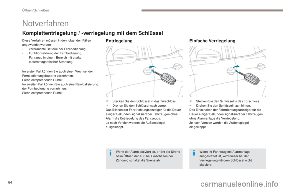 PEUGEOT 3008 2017  Betriebsanleitungen (in German) 64
3008-2_de_Chap02_ouvertures_ed01-2016
Notverfahren
Diese Verfahren müssen in den folgenden Fällen 
angewendet werden:
-
 v
erbrauchte Batterie der Fernbedienung,
-
 F

unktionsstörung der Fernbe
