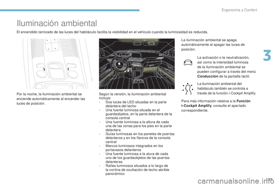 PEUGEOT 3008 2017  Manual del propietario (in Spanish) 129
3008-2_es_Chap03_ergonomie-et-confort_ed01-2016
Iluminación ambiental
El encendido tamizado de las luces del habitáculo facilita la visibilidad en el vehículo cuando la luminosidad es reducida.