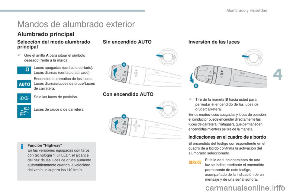 PEUGEOT 3008 2017  Manual del propietario (in Spanish) 141
3008-2_es_Chap04_eclairage-et-visibilite_ed01-2016
Sin encendido AUTO
Con encendido AUTO
F Gire el anillo A para situar el símbolo deseado frente a la marca.
Mandos de alumbrado exterior
Luces ap