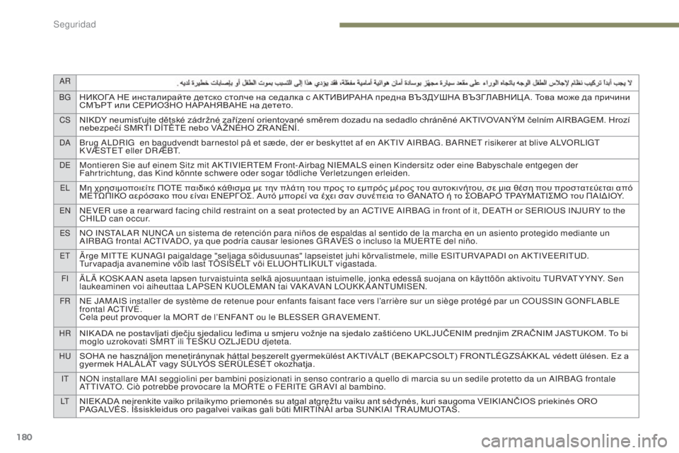 PEUGEOT 3008 2017  Manual del propietario (in Spanish) AR
BG
НИКОГА НЕ инсталирайте детско столче на седалка с АКТИВИРАНА предна ВЪЗДУШНА ВЪЗГЛАВНИЦ А. Това може да п PEUGEOT 3008 2017  Manual del propietario (in Spanish) AR
BG
НИКОГА НЕ инсталирайте детско столче на седалка с АКТИВИРАНА предна ВЪЗДУШНА ВЪЗГЛАВНИЦ А. Това може да п